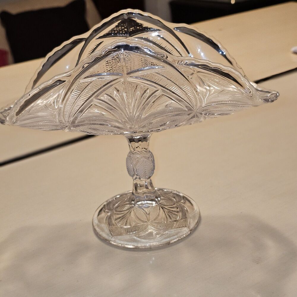 Pressed Glass Compote Footed Banana Fruit Boat Stand Basket Pedestal 8" Tall